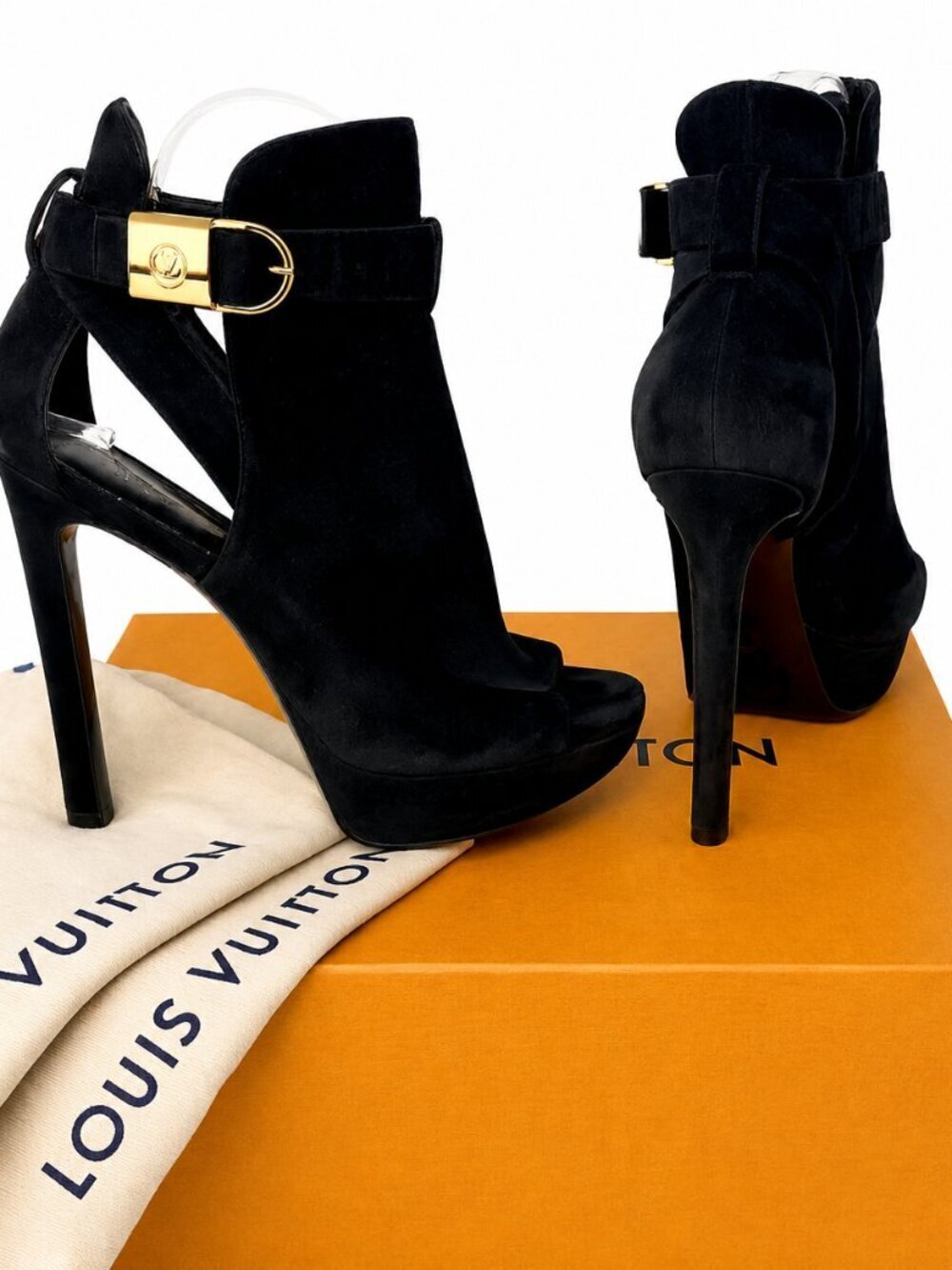 Louis Vuitton Lock Me Black Suede Platform Heels Boots Gold Buckle Logo box 37.5